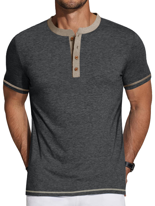 Men's Short Sleeve Henley Shirts with Crew Neck and Color Block Design