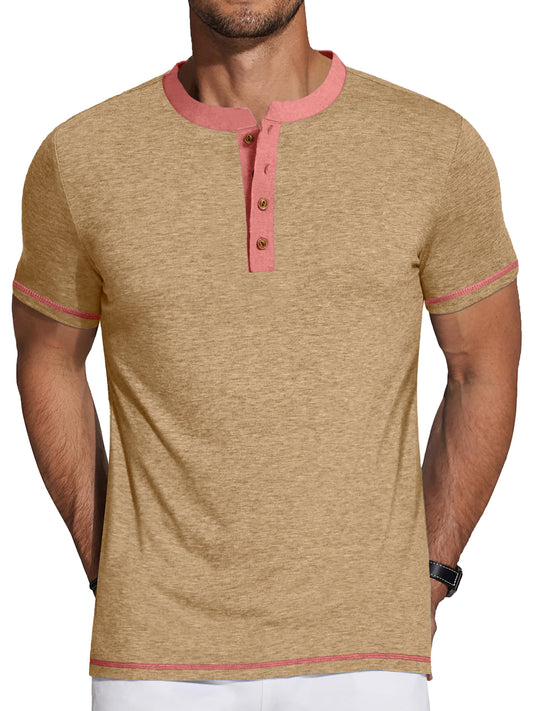 Men's Short Sleeve Henley Shirts - Crew Neck Color Block Design