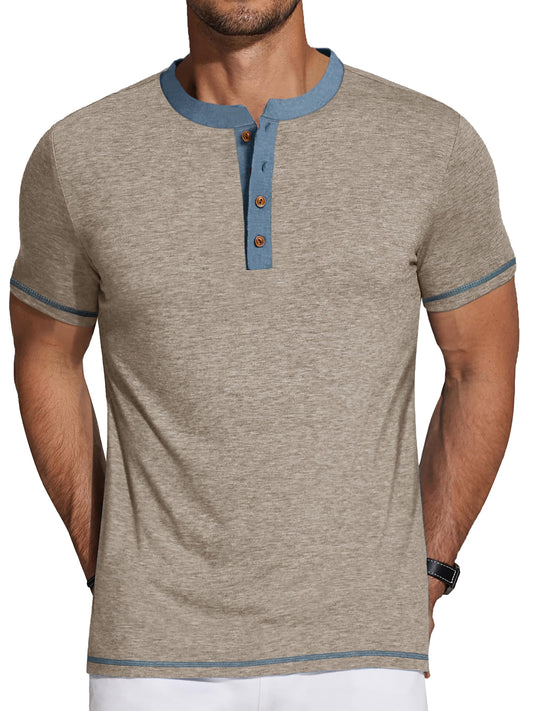 Men's Short Sleeve Henley T-Shirts with Crew Neck and Color Block Design