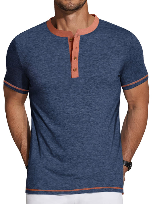 Men's Short Sleeve Henley T-Shirts with Crew Neck and Color Block Design
