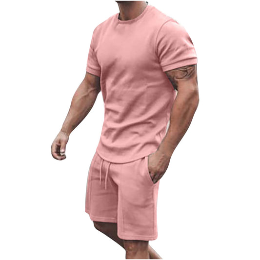 Men's Summer 2-Piece Gradient Tracksuit Set with Crew Neck Tee and Double Pocket Shorts for Vacation and Workout