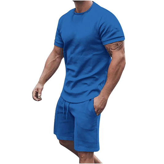 Men's Summer 2-Piece Gradient Tracksuit Set with Crew Neck Tee and Double Pocket Shorts for Vacation and Workout