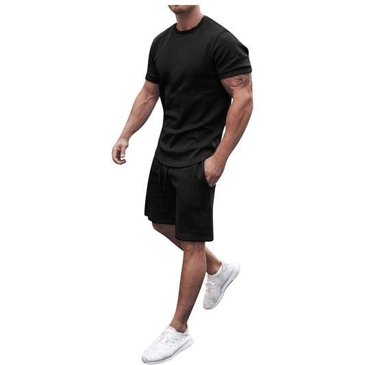 Men's Summer 2-Piece Gradient Tracksuit Set with Crew Neck Tee and Double Pocket Shorts for Vacation and Workout