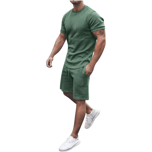 Men's Summer 2-Piece Gradient Tracksuit Set with Crew Neck Tee and Double Pocket Shorts for Vacation and Workout