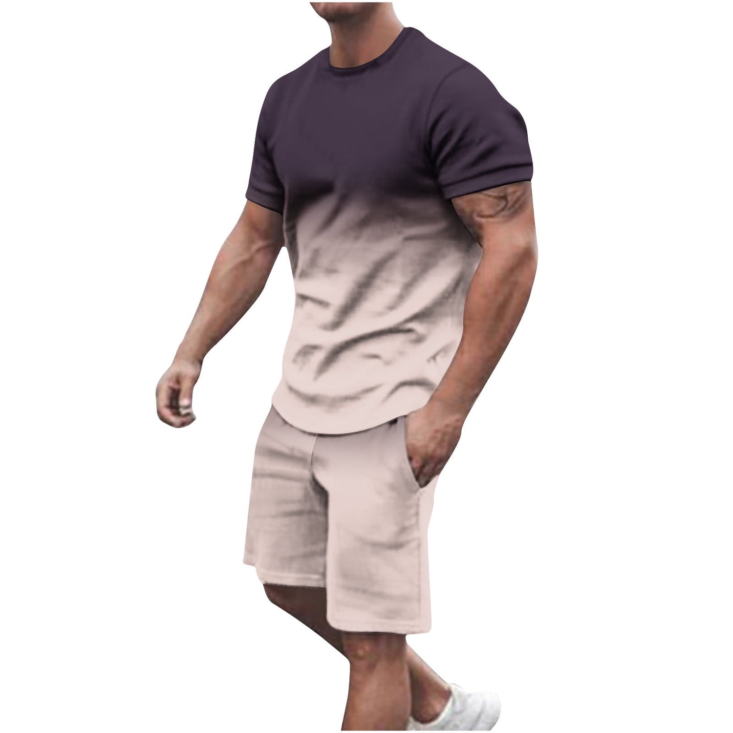 Men's Summer 2-Piece Gradient Tracksuit Set with Crew Neck Tee and Double Pocket Shorts for Vacation and Workout