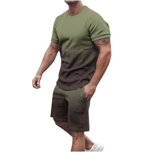 Men's Summer 2-Piece Gradient Tracksuit Set with Crew Neck Tee and Double Pocket Shorts for Vacation and Workout