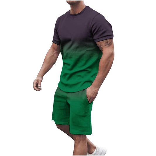 Men's Summer 2-Piece Gradient Tracksuit Set with Crew Neck Tee and Double Pocket Shorts for Vacation and Workout